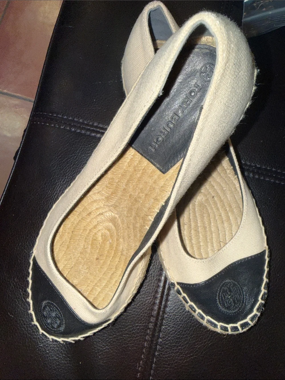 Tory Burch Beige Canvas and Black Leather-Toe Espadrille Flats